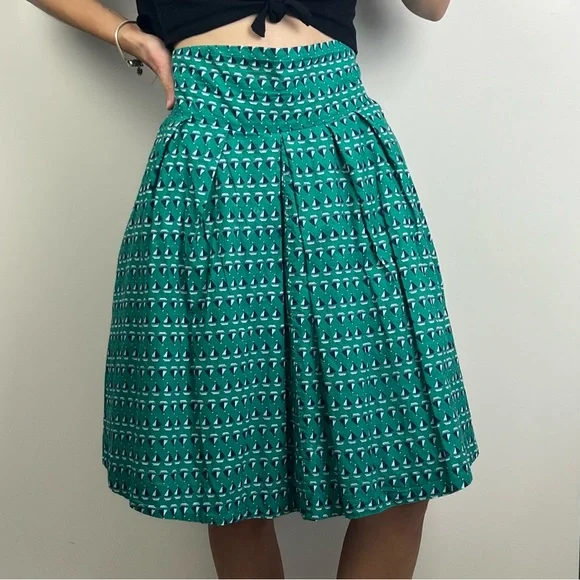 Emily and Fin Skirt Boat Nautical Green High Waist Pleated Pockets Retro Size L - Picture 2 of 13